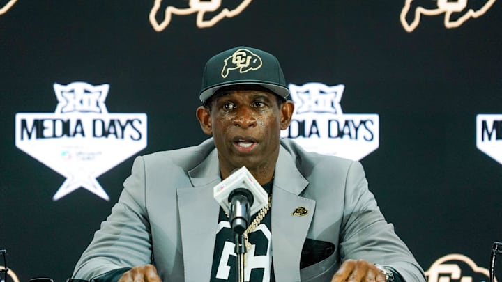 Jul 9, 2025; Frisco, TX, USA; Colorado head coach Deion Sanders speaks with the media during 2025 Big 12 Football Media Days at The Star. 