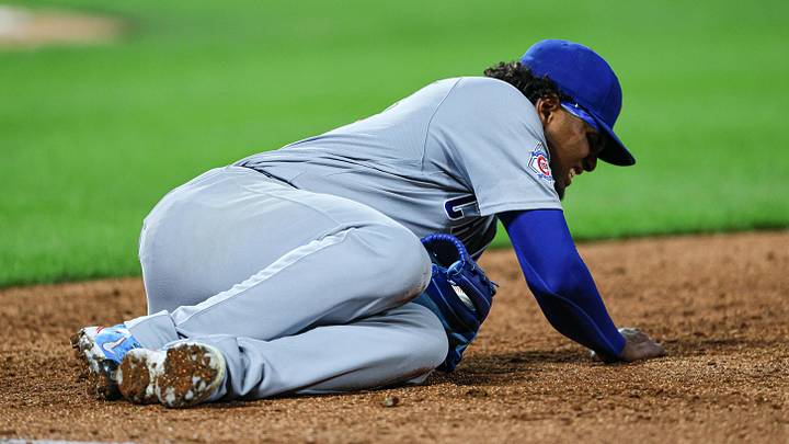 Jun 23, 2026; New York City, New York, USA; Chicago Cubs pitcher Edward Cabrera (30) reacts after an injury at first base during the fifth inning against the New York Mets at Citi Field. Mandatory Credit: Vincent Carchietta-Imagn Images