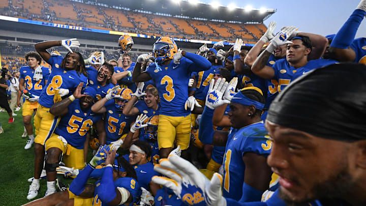 Sep 14, 2024; Pittsburgh, Pennsylvania, USA; Pittsburgh Panthers players celebrate after defeating the West Virginia Mountaineers at Acrisure Stadium. Mandatory Credit: Barry Reeger-Image Images