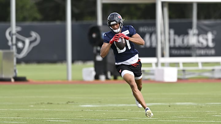 Jun 10, 2025; Houston, TX, USA; Houston Texans wide receiver Jayden Higgins (81) participates in a drill during an NFL football minicamp at NRG Stadium. Mandatory Credit: Maria Lysaker-Imagn Images 