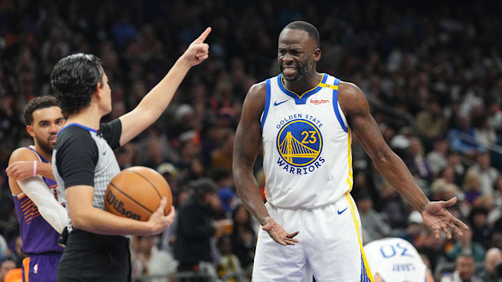Nov 30, 2024; Phoenix, Arizona, USA; Golden State Warriors forward Draymond Green (23) argues a call during the second half against the Phoenix Suns at Footprint Center. Mandatory Credit: Joe Camporeale-Imagn Images