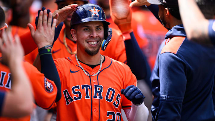 Sep 28, 2025; Anaheim, California, USA; Houston Astros third baseman Ramon Urias (29) is greeted by teammates after hitting a home run during the fifth inning against the Los Angeles Angels at Angel Stadium. Mandatory Credit: William Liang-Imagn Images