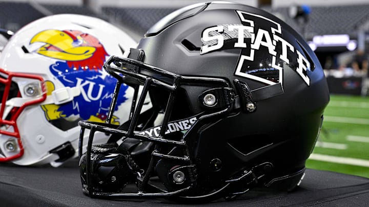 Jul 12, 2023; Arlington, TX, USA; A view of the Iowa State Cyclones helmet and logo during Big 12 football media day at AT&T Stadium.