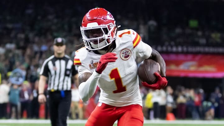 Feb 9, 2025; New Orleans, LA, USA;  Kansas City Chiefs wide receiver Xavier Worthy (1) against the Philadelphia Eagles in Super Bowl LIX at Ceasars Superdome. Mandatory Credit: Mark J. Rebilas-Imagn Images