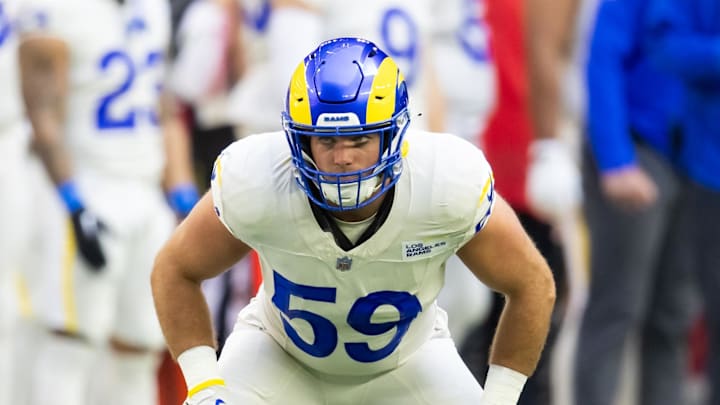 Nov 26, 2023; Glendale, Arizona, USA; Los Angeles Rams linebacker Troy Reeder (59) against the Arizona Cardinals at State Farm Stadium. Mandatory Credit: Mark J. Rebilas-Imagn Images Nov 26, 2023; Glendale, Arizona, USA; Los Angeles Rams linebacker Troy Reeder (59) against the Arizona Cardinals at State Farm Stadium. Mandatory Credit: Mark J. Rebilas-Imagn Images