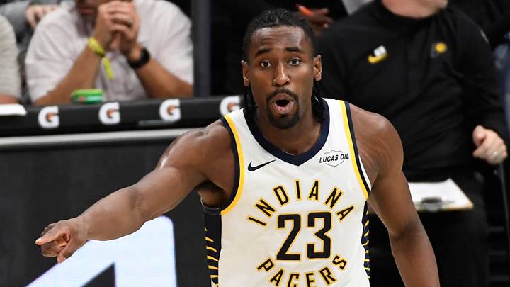 Jan 8, 2026; Charlotte, North Carolina, USA;  Indiana Pacers forward Aaron Nesmith (23) reacts after being called on a foul during the second half against the Charlotte Hornets at the Spectrum Center. Mandatory Credit: Sam Sharpe-Imagn Images