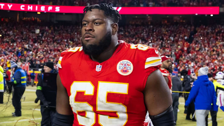 Jan 26, 2025; Kansas City, MO, USA; Kansas City Chiefs guard Trey Smith (65) against the Buffalo Bills in the AFC Championship game at GEHA Field at Arrowhead Stadium. Mandatory Credit: Mark J. Rebilas-Imagn Images Jan 26, 2025; Kansas City, MO, USA; Kansas City Chiefs guard Trey Smith (65) against the Buffalo Bills in the AFC Championship game at GEHA Field at Arrowhead Stadium. Mandatory Credit: Mark J. Rebilas-Imagn Images