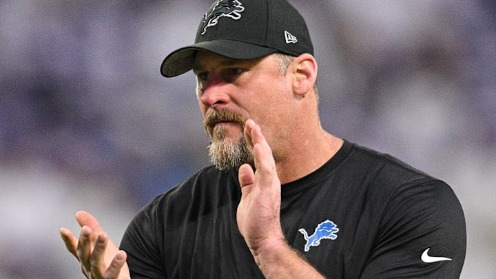 Detroit Lions head coach Dan Campbell reacts before the game against the Minnesota Vikings at U.S. Bank Stadium.