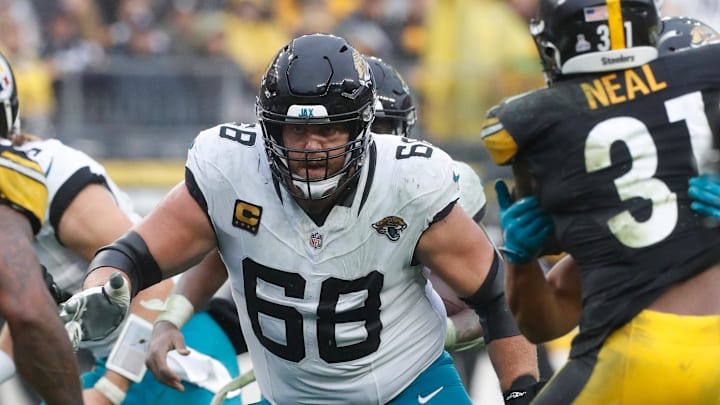 Oct 29, 2023; Pittsburgh, Pennsylvania, USA;  Jacksonville Jaguars guard Brandon Scherff (68) blocks at the line of scrimmage against the Pittsburgh Steelers during the fourth quarter at Acrisure Stadium. 