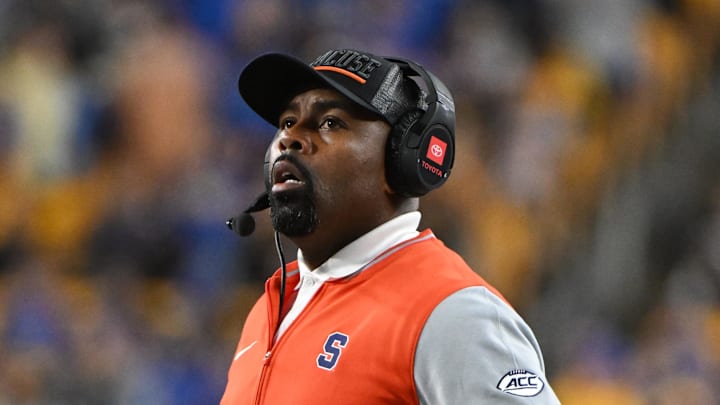 Oct 24, 2024; Pittsburgh, Pennsylvania, USA; Syracuse Orange head coach Fran Brown reacts against the Pittsburgh Panthers during the third quarter at Acrisure Stadium. Mandatory Credit: Barry Reeger-Imagn Images
