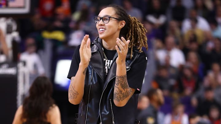 Dec 21, 2019; Phoenix, Arizona, USA; Phoenix Mercury player Brittney Griner in attendance of the Phoenix Suns game against the Houston Rockets at Talking Stick Resort Arena. Mandatory Credit: Mark J. Rebilas-Imagn Images