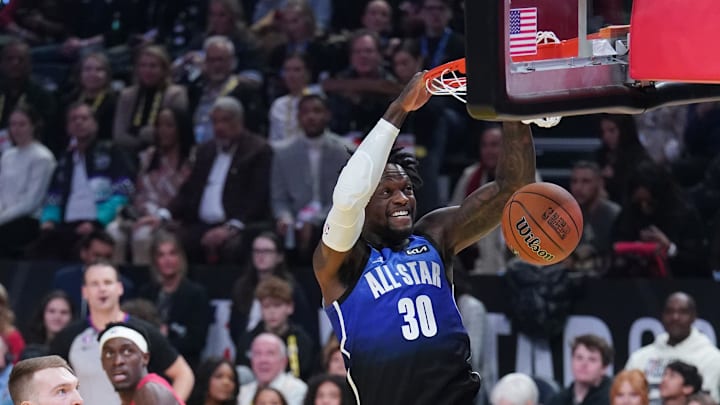 Feb 19, 2023; Salt Lake City, UT, USA; Team LeBron forward Julius Randle (30) dunks against Team