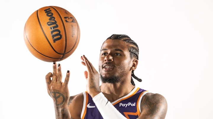 Sep 24, 2025; Phoenix, AZ, USA; Phoenix Suns guard Jalen Green (4) poses for portrait during Media Day at PHX Arena. Mandatory Credit: Mark J. Rebilas-Imagn Images