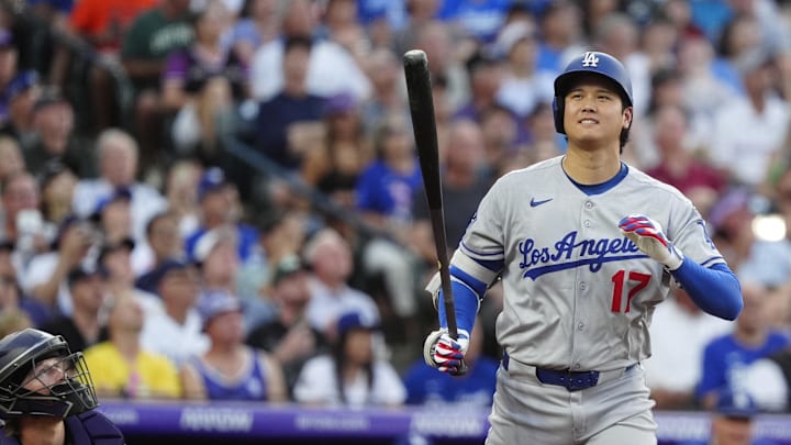 Dodgers two-way player Shohei Ohtani (17) reacts after flying out in the third inning against the Colorado Rockies at Coors Field on Wednesday.