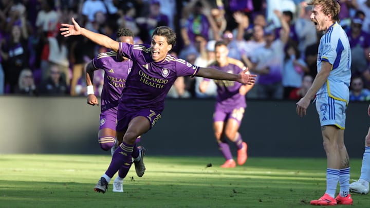 Nov 24, 2024; Orlando, Florida, USA; Orlando City forward Ramiro Enrique (7) celebrates a first half goal against Atlanta United in a 2024 MLS Cup conference semifinal match at Inter&Co Stadium. Mandatory Credit: Mike Watters-Imagn Images
