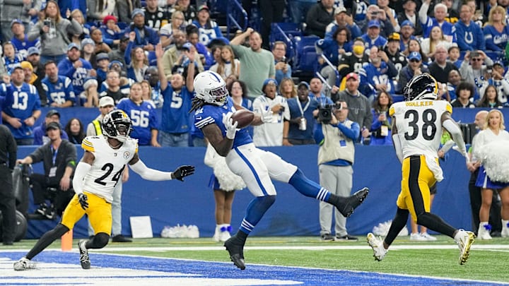 A pass intended for Indianapolis Colts tight end Mo Alie-Cox (81) falls incomplete in the end zone Saturday, Dec. 16, 2023, during a game against the Pittsburgh Steelers at Lucas Oil Stadium in Indianapolis.