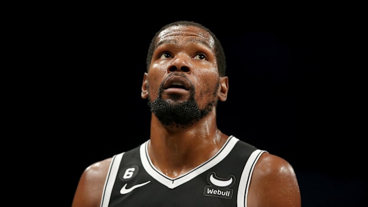 Nov 9, 2022; Brooklyn, New York, USA; Brooklyn Nets forward Kevin Durant (7) reacts during the third quarter against the New York Knicks at Barclays Center. Mandatory Credit: Brad Penner-Imagn Images