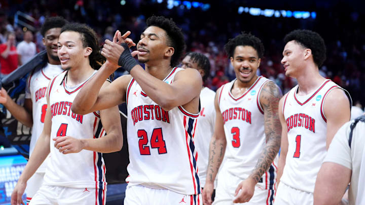 Houston celebrates following the second-round game in the NCAA men's basketball tournament between Houston Cougars and Texas A&M Aggies at Paycom Center in Oklahoma City, Saturday March 21, 2026.