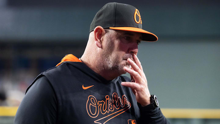 Apr 7, 2025; Phoenix, Arizona, USA; Baltimore Orioles manager Brandon Hyde reacts against the Arizona Diamondbacks at Chase Field