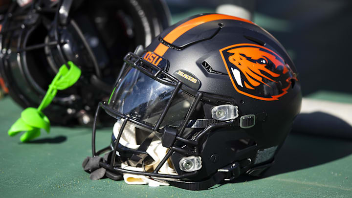 Nov 19, 2022; Tempe, Arizona, USA; Detailed view of an Oregon State Beavers helmet at Sun Devil Stadium. Mandatory Credit: Mark J. Rebilas-Imagn Images