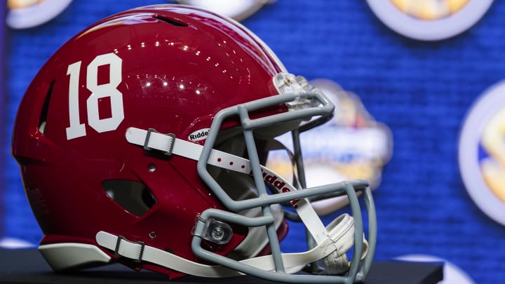Jul 19, 2022; Atlanta, GA, USA; The Alabama helmet on the stage during the SEC Media Days at the College Football Hall of Fame. Mandatory Credit: Dale Zanine-USA TODAY Sports