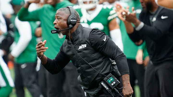 New York Jets Head Coach, Aaron Glenn, is shown during his first game on job, Sunday, September 7, 2025, in East Rutherford. New York Jets Head Coach, Aaron Glenn, is shown during his first game on job, Sunday, September 7, 2025, in East Rutherford.