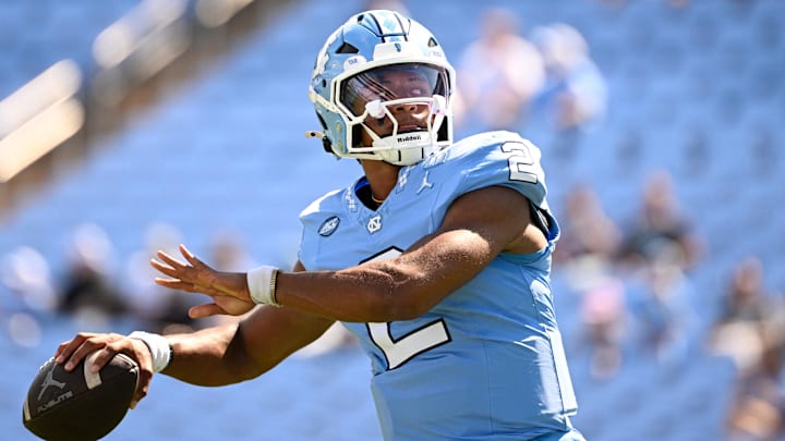 Sep 13, 2025; Chapel Hill, North Carolina, USA; North Carolina Tar Heels quarterback Bryce Baker (2) passes before the game at Kenan Stadium. Mandatory Credit: Bob Donnan-Imagn Images