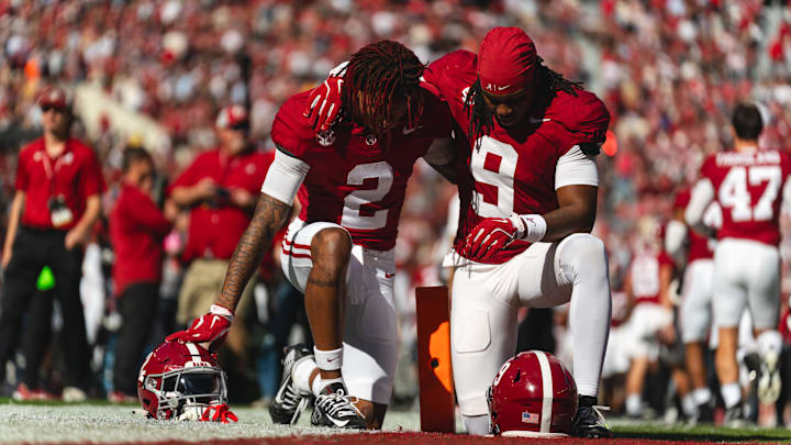 Nov 16, 2024; Tuscaloosa, Alabama, USA; Alabama Crimson Tide wide receiver Ryan Williams (2) and defensive back Jaylen Mbakwe (9) pray together in the end zone before the start of the first quarter at Bryant-Denny Stadium. Mandatory Credit: Will McLelland-Imagn Images Nov 16, 2024; Tuscaloosa, Alabama, USA; Alabama Crimson Tide wide receiver Ryan Williams (2) and defensive back Jaylen Mbakwe (9) pray together in the end zone before the start of the first quarter at Bryant-Denny Stadium. Mandatory Credit: Will McLelland-Imagn Images