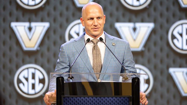 Jul 15, 2024; Dallas, TX, USA; Vanderbilt head coach Clark Lea speaking at Omni Dallas Hotel