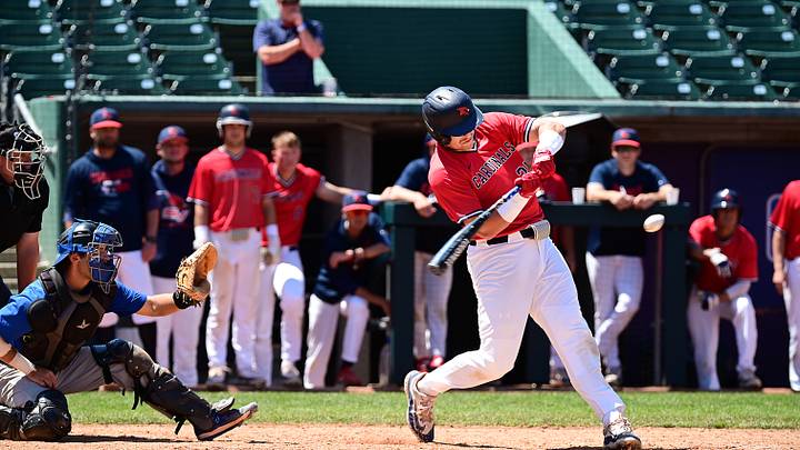May 12, 2024; Lansing, MI, USA;  Saginaw Valley State University Cardinals Hayden Jatczak (35) makes the last out of the game against the Grand Valley State Lakers at Jackson Field. Mandatory Credit: Dale Young-USA TODAY Sports