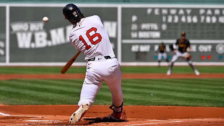 Aug 31, 2025; Boston, Massachusetts, USA; Boston Red Sox left fielder Jarren Duran (16) hits a double against the Pittsburgh Pirates during the first inning at Fenway Park. Mandatory Credit: Eric Canha-Imagn Images