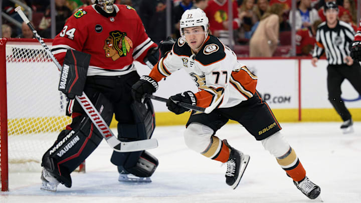 Mar 12, 2024; Chicago, Illinois, USA;  Anaheim Ducks forward Frank Vatrano (77) skates against the Chicago Blackhawks at United Center. Mandatory Credit: Jamie Sabau-USA TODAY Sports