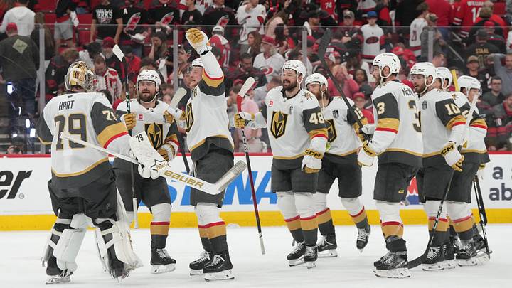 Jun 2, 2026; Raleigh, North Carolina, USA; Vegas Golden Knights celebrate the win against the Carolina Hurricanes in game one of the 2026 Stanley Cup Final at Lenovo Center. Mandatory Credit: James Guillory-Imagn Images Jun 2, 2026; Raleigh, North Carolina, USA; Vegas Golden Knights celebrate the win against the Carolina Hurricanes in game one of the 2026 Stanley Cup Final at Lenovo Center. Mandatory Credit: James Guillory-Imagn Images