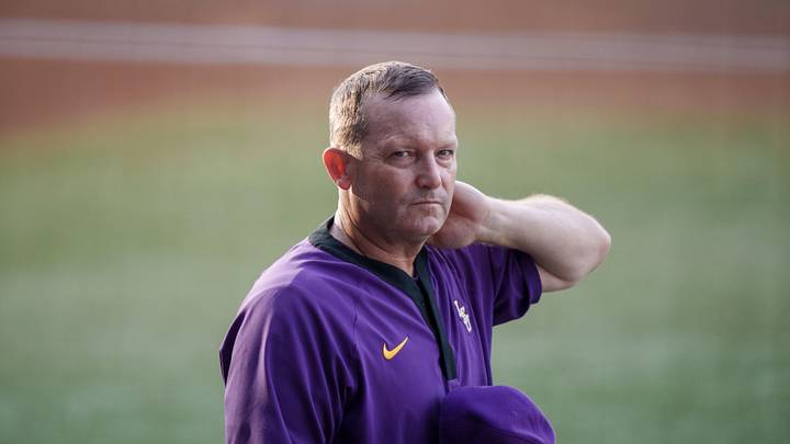 Apr 28, 2026; Baton Rouge, LA, USA;  Louisiana State Tigers head coach Jay Johnson looks at the stands before a game against the Southeastern Louisiana Lions at Alex Box Stadium. Mandatory Credit: Matthew Hinton-Imagn Images