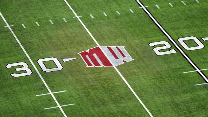 Dec 2, 2023; Las Vegas, NV, USA; The Mountain West conference logo on the field at Allegiant Stadium. Mandatory Credit: Kirby Lee-Imagn Images Dec 2, 2023; Las Vegas, NV, USA; The Mountain West conference logo on the field at Allegiant Stadium. Mandatory Credit: Kirby Lee-Imagn Images