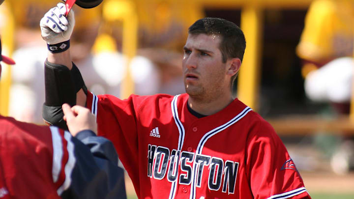 Feb 19, 2006; Tempe, AZ, USA; Houston Cougars first baseman (18) Brad Lincoln hits home run against the Arizona State Sun Devils in the 3rd inning to give his team a 5-1 lead at Packard Stadium. Mandatory Credit: Rick Scuteri-Imagn Images Copyright Rick Scuteri