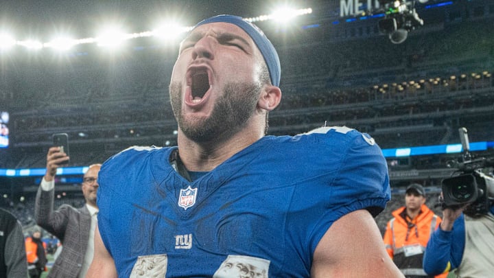 New York Giants running back Cam Skattebo (44) screams after winning a Thursday Night Football game between the New York Giants and the Philadelphia Eagles at MetLife Stadium in East Rutherford on Oct. 9, 2025.