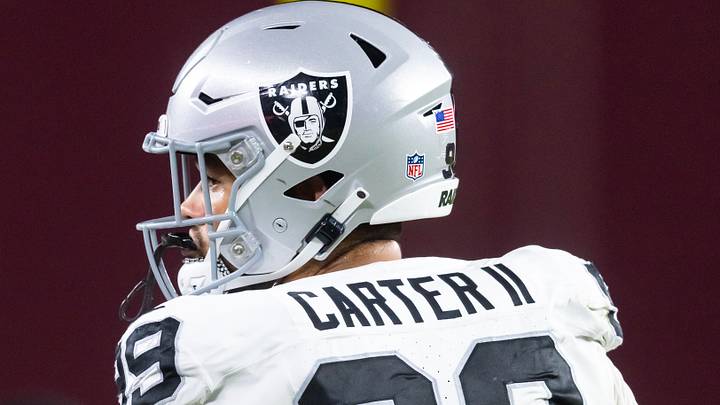 Aug 23, 2025; Glendale, Arizona, USA; Detailed view of the jersey of Las Vegas Raiders defensive end Andre Carter II (99) against the Arizona Cardinals during a preseason NFL game at State Farm Stadium. Mandatory Credit: Mark J. Rebilas-Imagn Images Aug 23, 2025; Glendale, Arizona, USA; Detailed view of the jersey of Las Vegas Raiders defensive end Andre Carter II (99) against the Arizona Cardinals during a preseason NFL game at State Farm Stadium. Mandatory Credit: Mark J. Rebilas-Imagn Images
