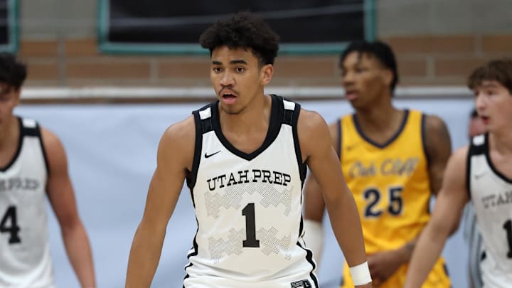 Jan 4, 2025; Gilbert, AZ, USA; Utah Prep Academy guard Anthony Felesi (1) against Faith Family Academy (TX) during the Hoophall West High School Invitational at Highland High School. Mandatory Credit: Mark J. Rebilas-Imagn Images