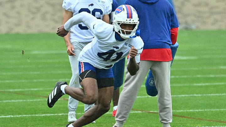 Jul 29, 2026; Rochester, NY, USA; Buffalo Bills defensive back Kani Walker (41) runs a drill during training camp at St. John Fisher University. Mandatory Credit: Mark Konezny-Imagn Images
