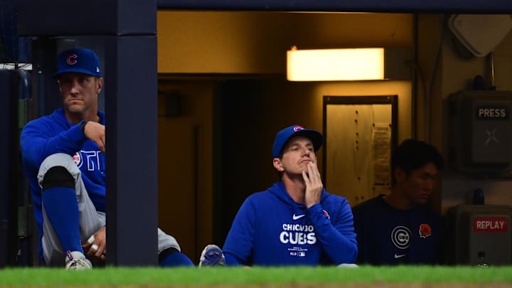 May 27, 2024; Milwaukee, Wisconsin, USA; Chicago Cubs manager Craig Counsell looks on in the ninth inning against the Milwaukee Brewers at American Family Field. Mandatory Credit: Benny Sieu-USA TODAY Sports