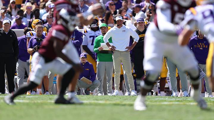 Oct 17, 2026; Baton Rouge, Louisiana, USA;  Louisiana State Tigers head coach Lane Kiffin looks on during the first half against the Mississippi State Bulldogs at Tiger Stadium.  Mandatory Credit: Stephen Lew-Imagn Images