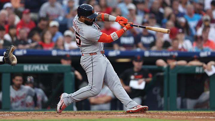 Aug 1, 2025; Philadelphia, Pennsylvania, USA; Detroit Tigers second base Gleyber Torres (25) hits a three RBI home run against the Philadelphia Phillies during the third inning at Citizens Bank Park. 