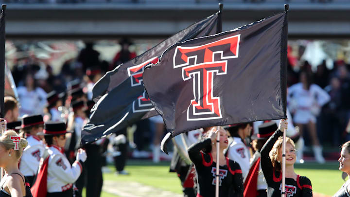 Nov 30, 2024; Lubbock, Texas, USA;  A general view of the Double T flags held by the Goin’ Band from Raiderland color guard before the game between the West Virginia Mountaineers and the Texas Tech Red Raiders at Jones AT&T Stadium and Cody Campbell Field. Mandatory Credit: Michael C. Johnson-Imagn Images