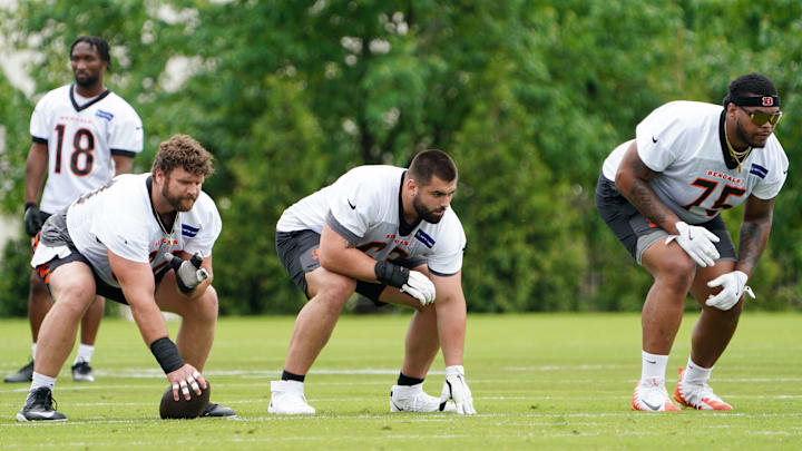 Cincinnati Bengals offensive guard Dylan Fairchild (63) participates in drills during practice, Tuesday, May 13, 2025, at Kettering Health Practice Fields in Downtown Cincinnati.