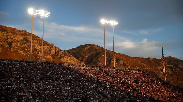 Oct 16, 2015; Provo, UT, USA; The sun sets over the mountains near Lavell Edwards Stadium where the Brigham Young Cougars play the Cincinnati Bearcats. Oct 16, 2015; Provo, UT, USA; The sun sets over the mountains near Lavell Edwards Stadium where the Brigham Young Cougars play the Cincinnati Bearcats.