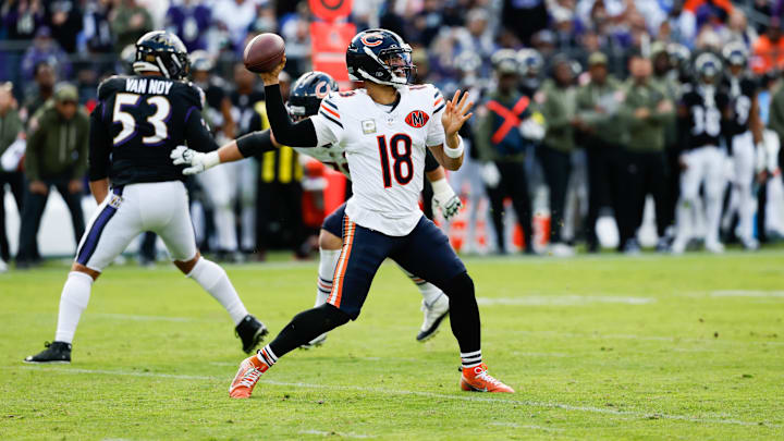 Caleb Williams gets a pass off under pressure in Sunday's loss at Baltimore. Caleb Williams gets a pass off under pressure in Sunday's loss at Baltimore.