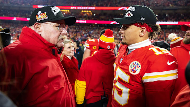 Jan 26, 2025; Kansas City, MO, USA; Kansas City Chiefs head coach Andy Reid (left) with quarterback Patrick Mahomes (15) after defeating the Buffalo Bills in the AFC Championship game at GEHA Field at Arrowhead Stadium. Mandatory Credit: Mark J. Rebilas-Imagn Images