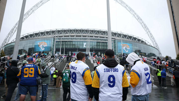 [US, Mexico & Canada customers only] Oct 19, 2025; London, United Kingdom; Los Angeles Rams fans stand outside of Wembley Stadium before a NFL International Series game between the Los Angeles Rams and the Jacksonville Jaguars. Mandatory Credit: Andrew Boyers-Reuters via Imagn Images