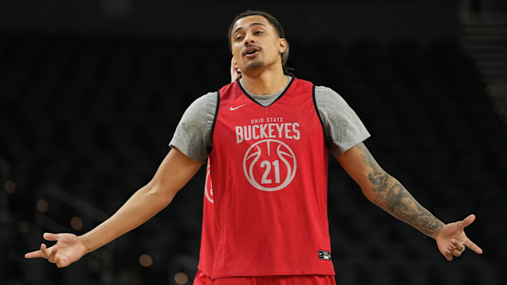 Mar 18, 2026; Greenville, SC, USA; Ohio State Buckeyes forward Devin Royal (21) during a practice session ahead of the first round of the men's 2026 NCAA Tournament at Bon Secours Wellness Arena. Mandatory Credit: Bob Donnan-Imagn Images